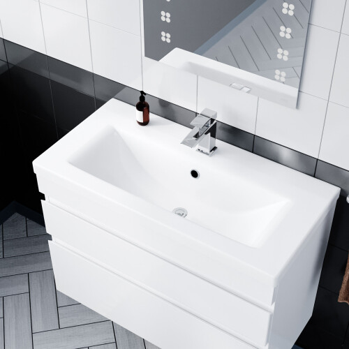 NES Home Minimalist 800mm Wall Hung Gloss White Basin Vanity Sink 2 Drawers | COT 2
