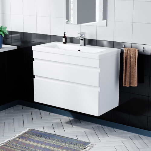 NES Home Minimalist 800mm Wall Hung Gloss White Basin Vanity Sink 2 Drawers | COT