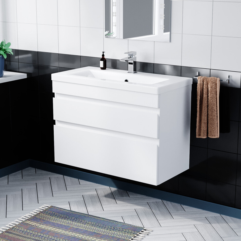 Nes Home Minimalist 800Mm Wall Hung Gloss Basin Vanity Sink 2 Drawers | Cot White