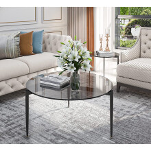(Grey) Round Coffee Side End Table Tempered Glass Top