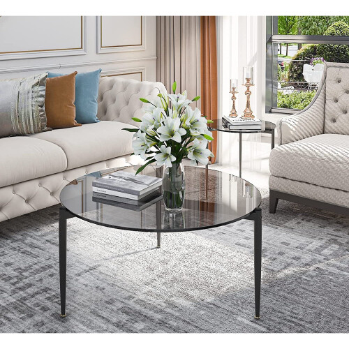 (Grey) Round Coffee Side End Table Tempered Glass Top