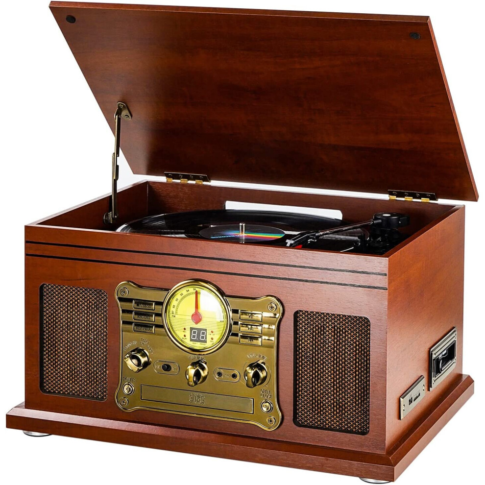 Bluetooth Record Player Vinyl Turntable with CD, Cassette Player, FM