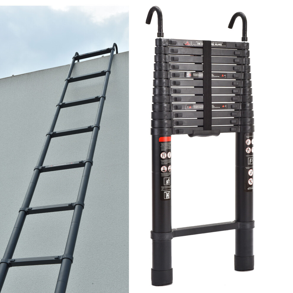5M Telescopic Aluminum Ladder with Detachable Hook - EN131 Certified, Heavy-Duty Extendable Ladder, 330 lbs Capacity