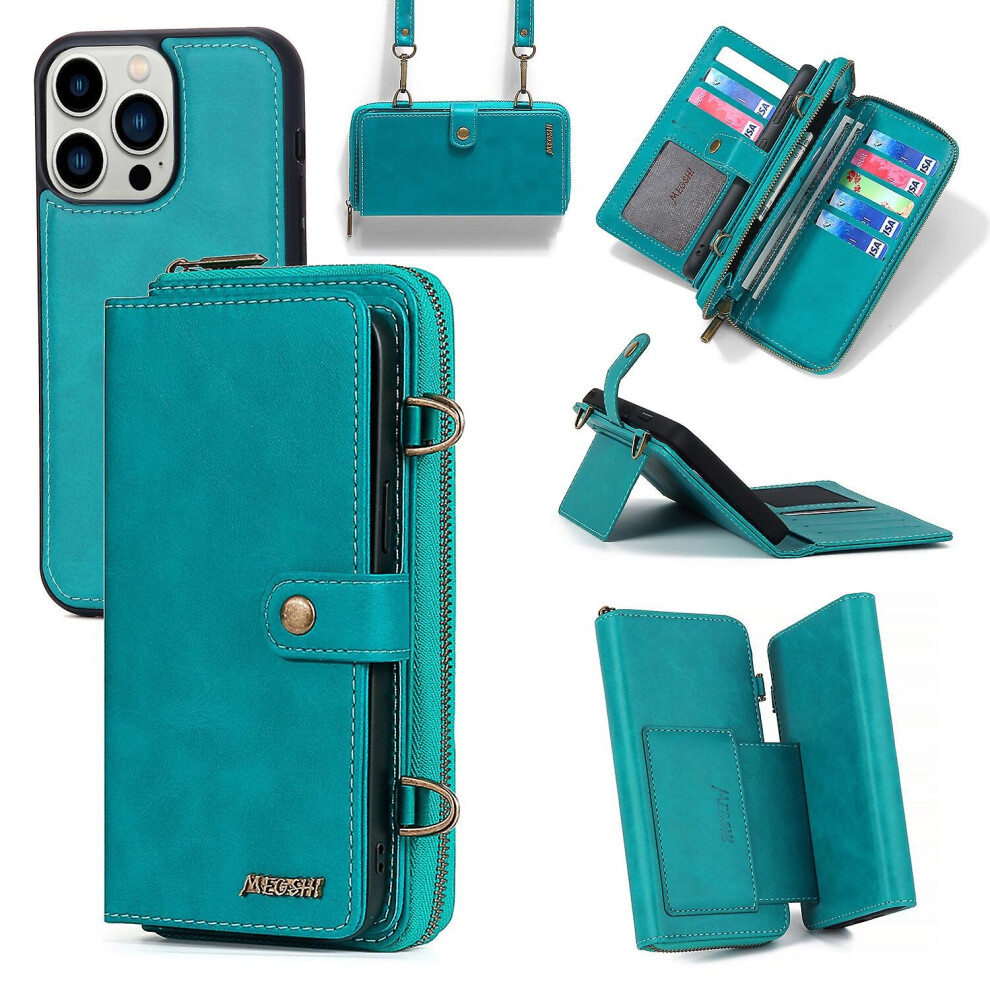 (, For Iphone14promax) Pu Leather Wallet Case Multifunction Magnetic Phone Case For Iphone 13 14 Blue 768611136449