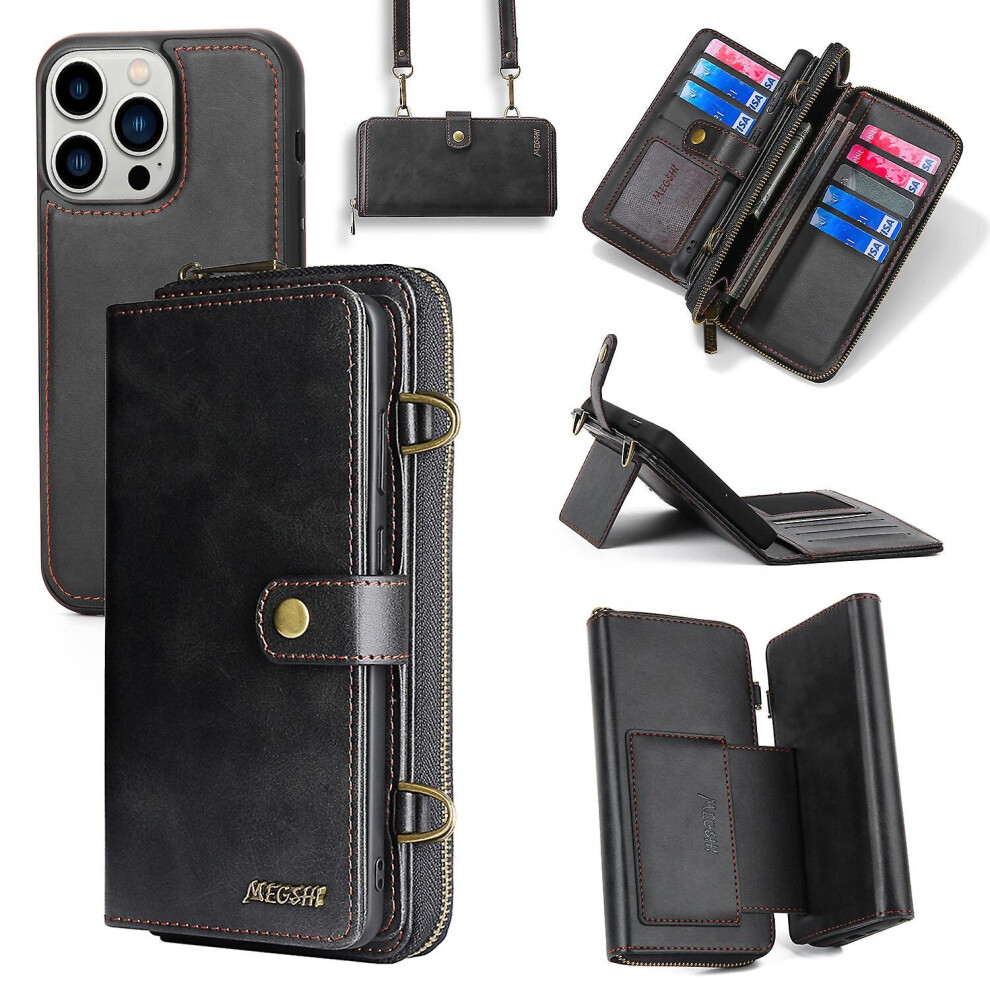 (, For Iphone14pro) Pu Leather Wallet Case Multifunction Magnetic Phone Case For Iphone 13 14 Black 768611136562