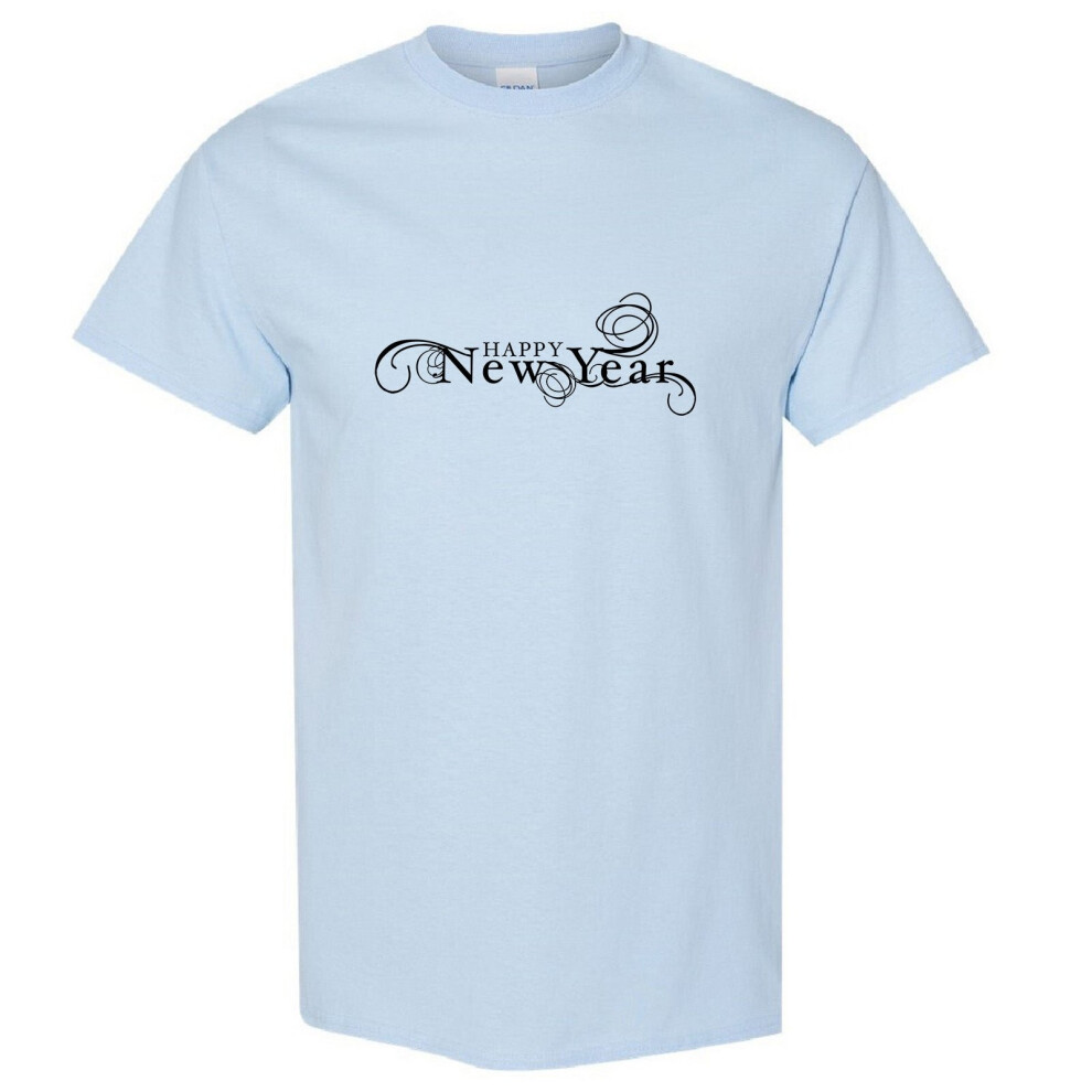 (Light Blue, 3XL) Happy New Year Wish Wishing Celebration Italic Art Men T Shirt Tee Top