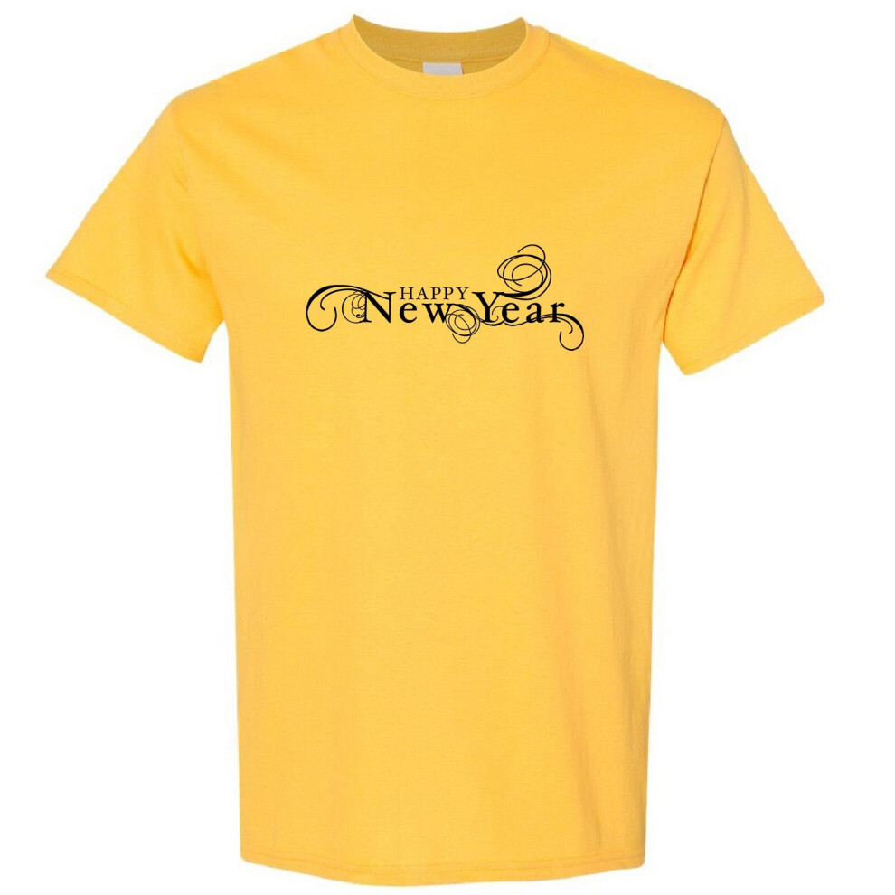 (Yellow, 2XL) Happy New Year Wish Wishing Celebration Italic Art Men T Shirt Tee Top