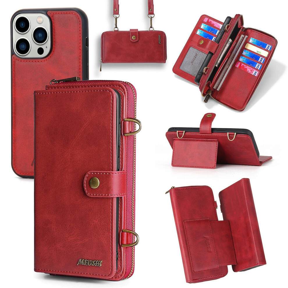 (, For Iphone14) Pu Leather Wallet Case Multifunction Magnetic Phone Case For Iphone 13 14 Red 768611136685
