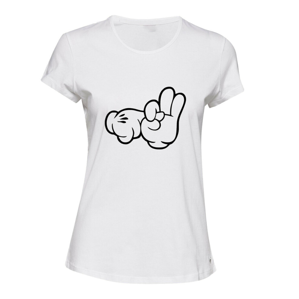 (White, M) Mickey Mouse Glove Hands Sex Finger Rude Funny Art Ladies Women T Shirt Tee Top