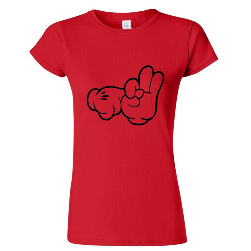 (Red, M) Mickey Mouse Glove Hands Sex Finger Rude Funny Art Ladies Women T Shirt Tee Top