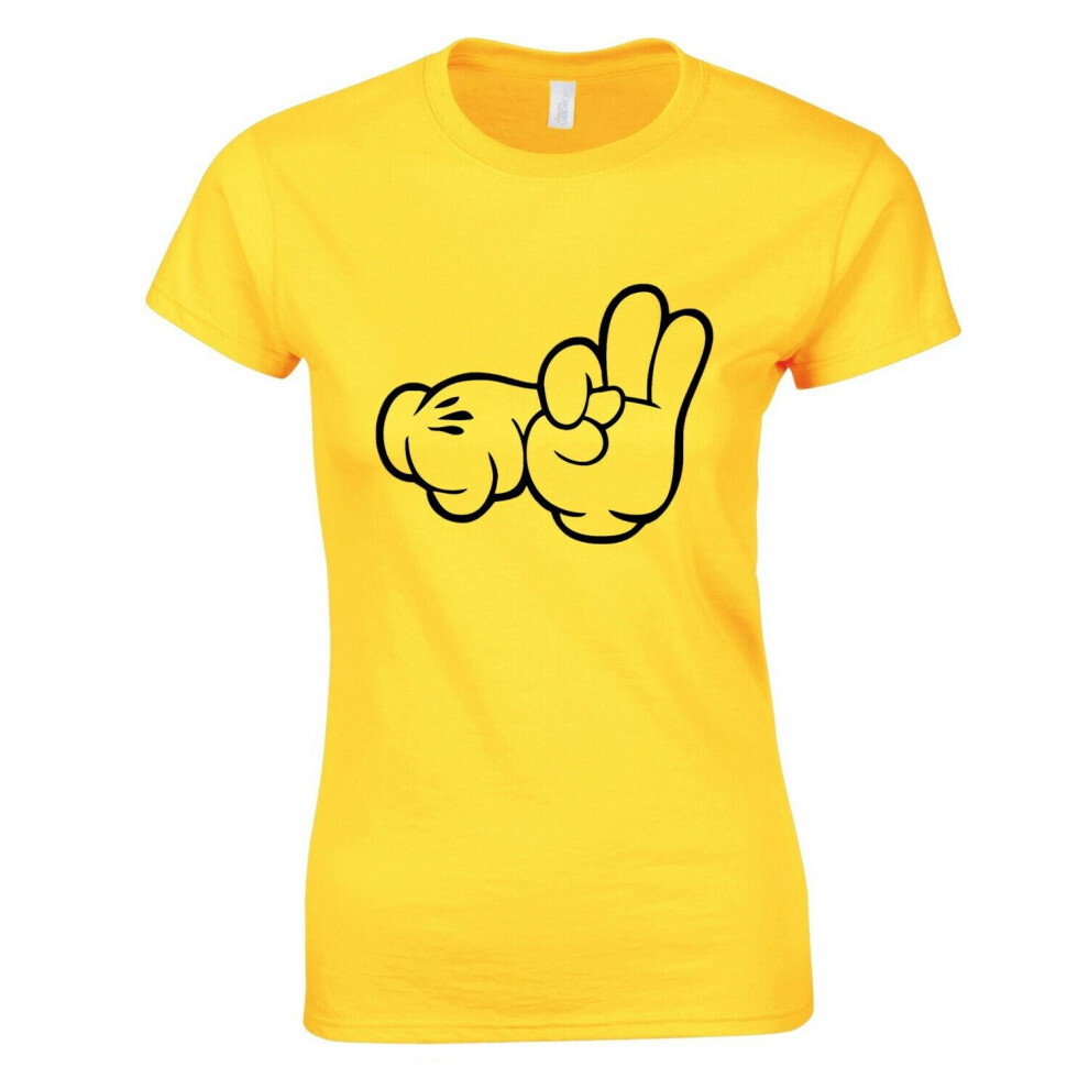 (Yellow, L) Mickey Mouse Glove Hands Sex Finger Rude Funny Art Ladies Women T Shirt Tee Top