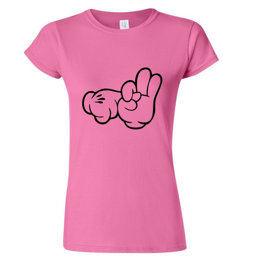 (Pink, L) Mickey Mouse Glove Hands Sex Finger Rude Funny Art Ladies Women T Shirt Tee Top