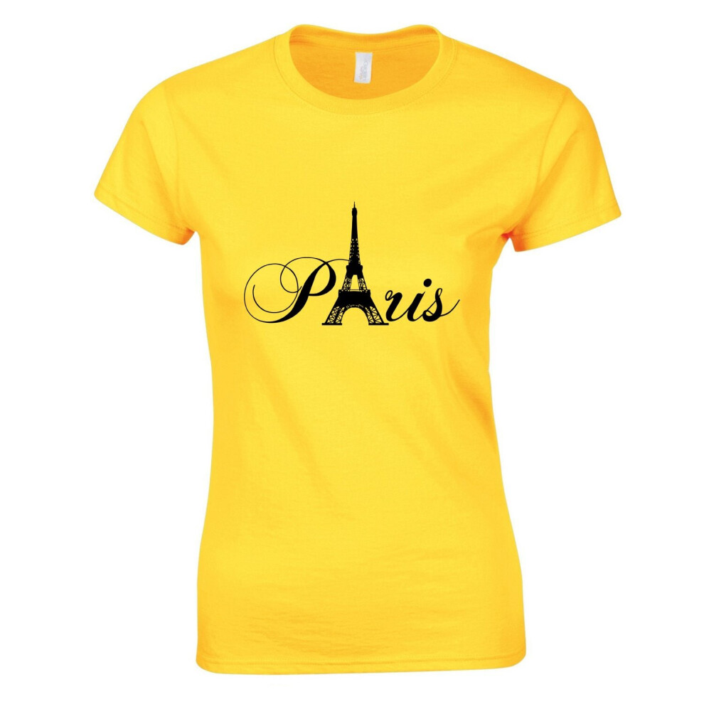 (Yellow, M) Paris Black Silhouette Eiffel Tower France Art Ladies Women T Shirt Tee Top