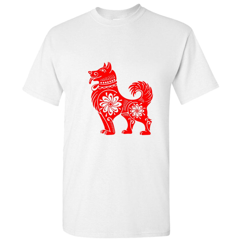 (White, 2XL) Chinese Red Silhouette Lucky Fortune Wealth Dog Men T Shirt Tee Top