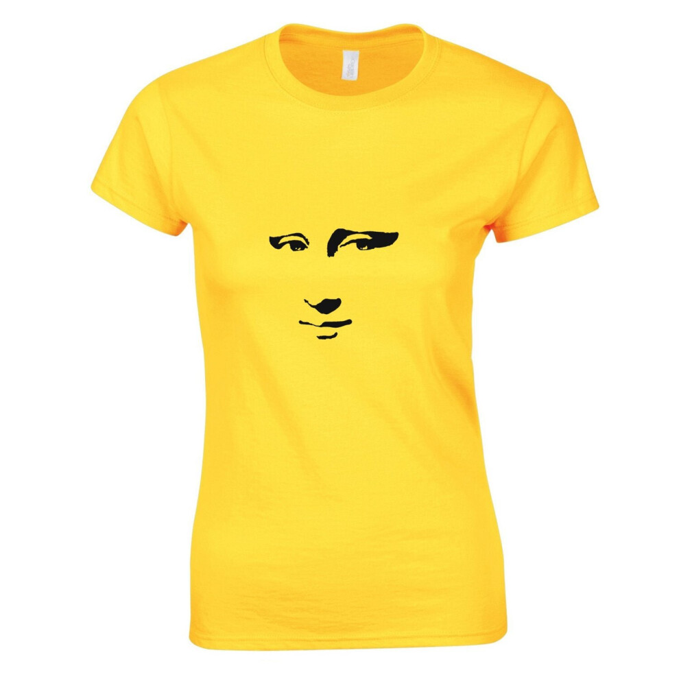 (Yellow, M) Mona Lisa Smile Face Painting Leonardo da Vinci Ladies Women T Shirt Tee Top