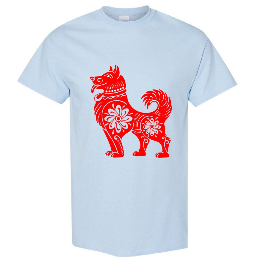 (Light Blue, M) Chinese Red Silhouette Lucky Fortune Wealth Dog Men T Shirt Tee Top