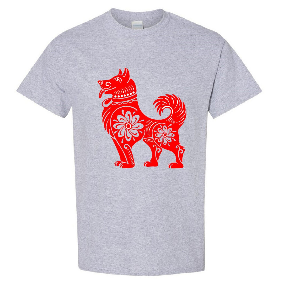 (Sport Grey, XL) Chinese Red Silhouette Lucky Fortune Wealth Dog Men T Shirt Tee Top