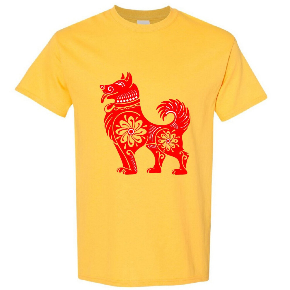 (Yellow, 3XL) Chinese Red Silhouette Lucky Fortune Wealth Dog Men T Shirt Tee Top