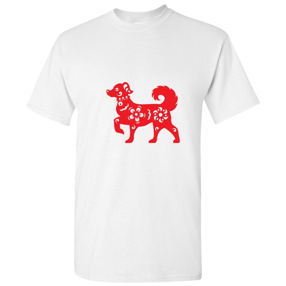 (White, M) Chinese Red Silhouette Lucky Fortune Wealth Bitch Dog Men T Shirt Tee Top