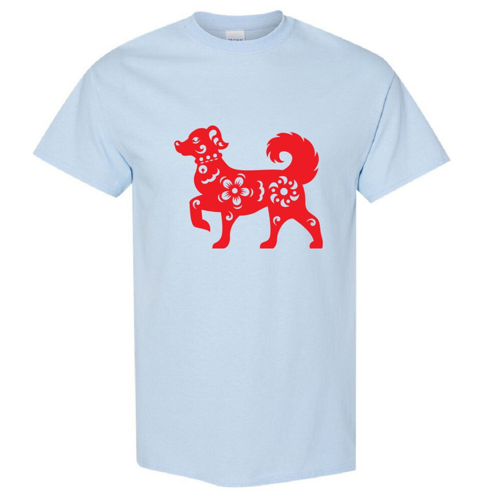 (Light Blue, M) Chinese Red Silhouette Lucky Fortune Wealth Bitch Dog Men T Shirt Tee Top