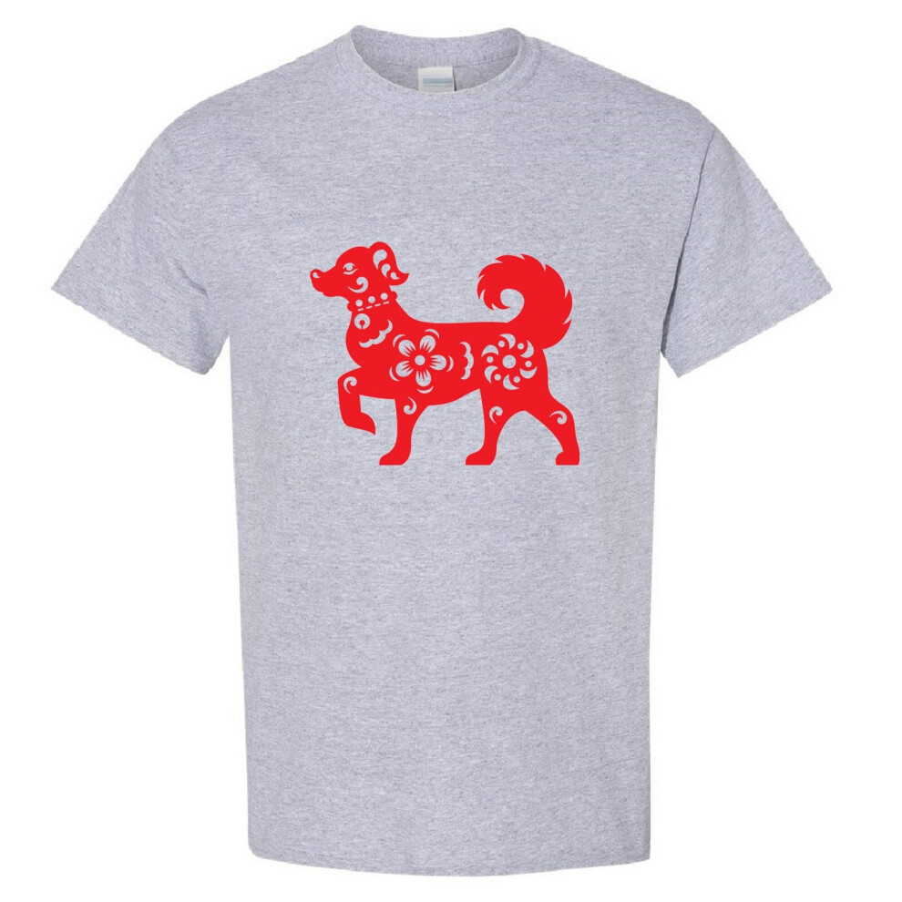 (Sport Grey, M) Chinese Red Silhouette Lucky Fortune Wealth Bitch Dog Men T Shirt Tee Top