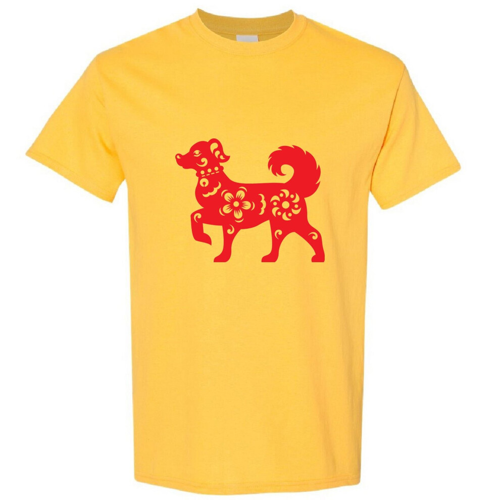 (Yellow, XL) Chinese Red Silhouette Lucky Fortune Wealth Bitch Dog Men T Shirt Tee Top