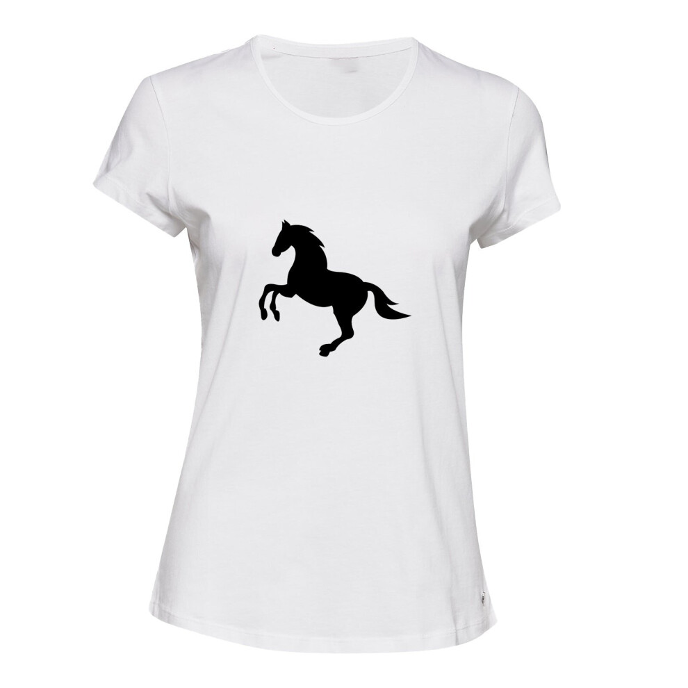 (White, S) Classic Running Wild Black Horse Mustang Pony Ladies Women T Shirt Tee Top