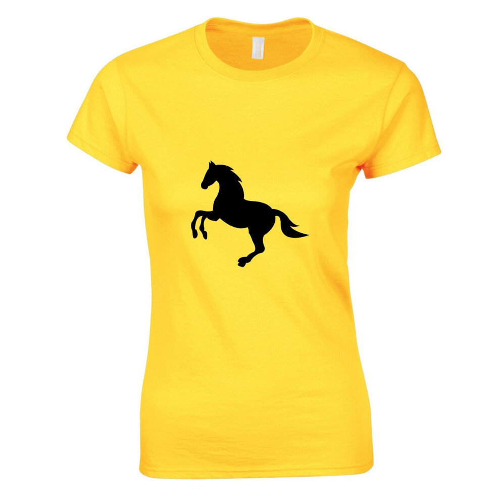 (Yellow, M) Classic Running Wild Black Horse Mustang Pony Ladies Women T Shirt Tee Top