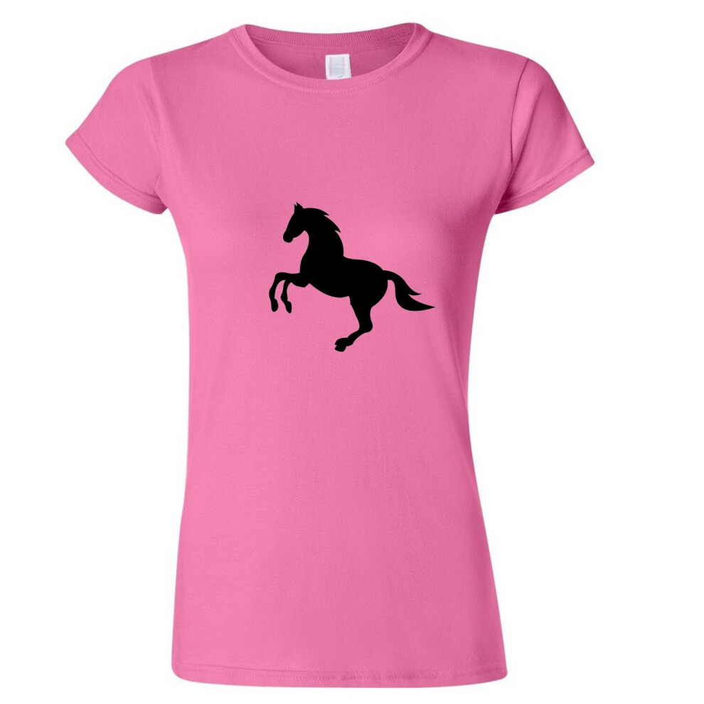 (Pink, M) Classic Running Wild Black Horse Mustang Pony Ladies Women T Shirt Tee Top