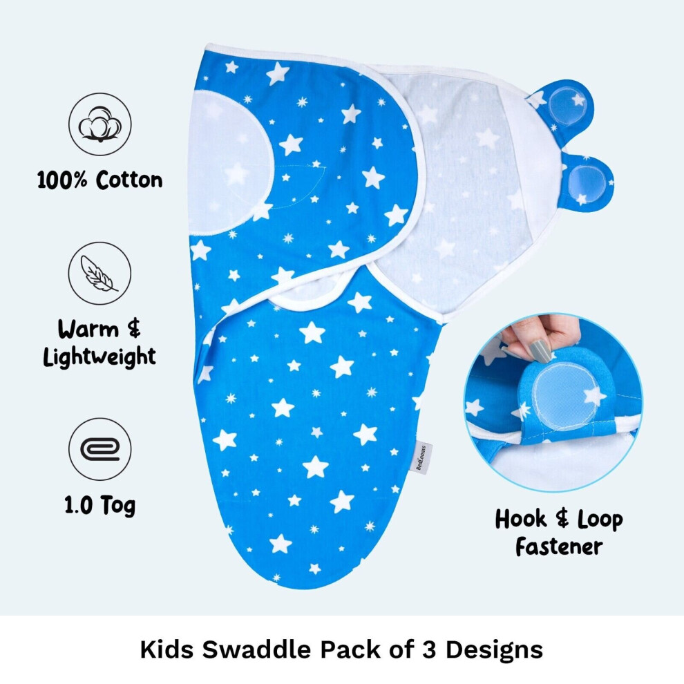 ( Wrap Pack Of 3) New Born Baby Swaddle Wrap Pack Of 3 & Quilted Baby Sleeping Bag 0.5 & 2.5 Tog Blue Yorkshire Bedding