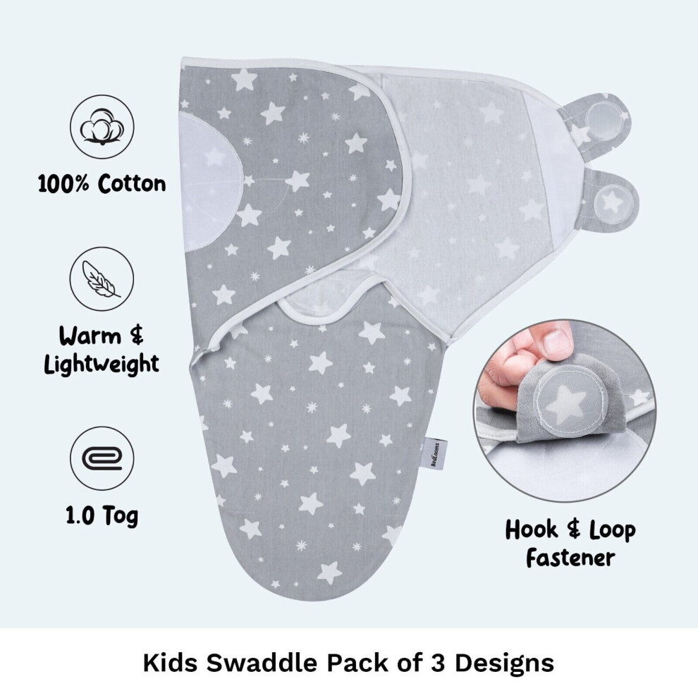 ( Wrap Pack Of 3) New Born Baby Swaddle Wrap Pack Of 3 & Quilted Baby Sleeping Bag 0.5 & 2.5 Tog Grey Yorkshire Bedding