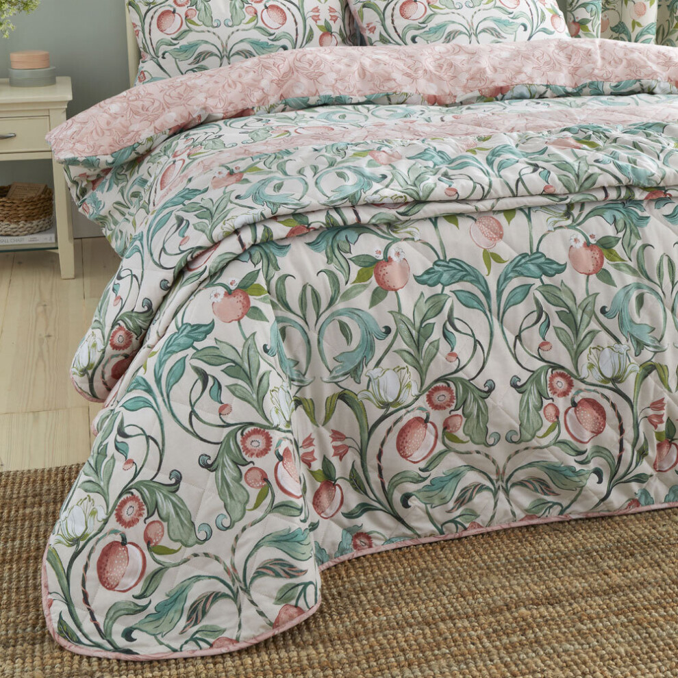 Catherine Lansfield Clarence Floral Print Easy Care Quilted Bedspread, Natural/Green, 220 x 230 Cm