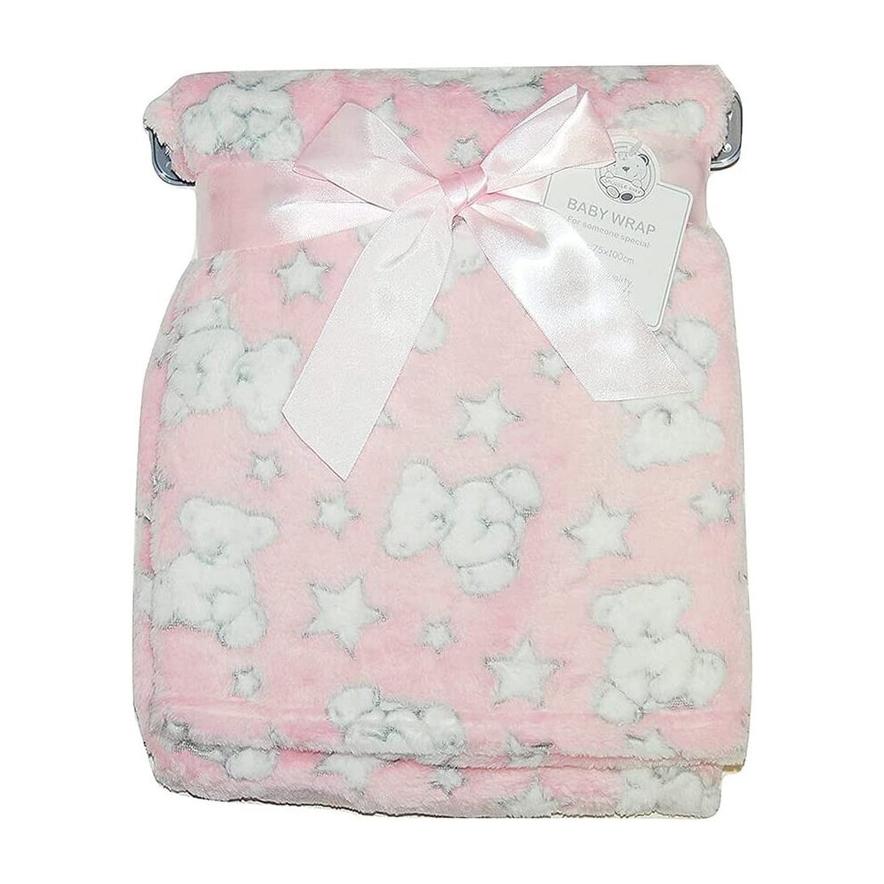 KAV Soft Fleece Wrap Blanket - Soft Unisex Pram Cot Crib Moses Basket Teddy and Stars Print Gift Set for Newborn, Babies (Pink)