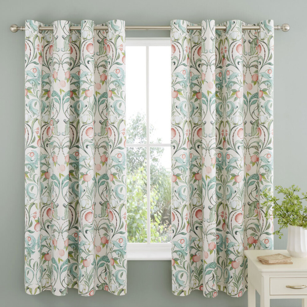 Catherine Lansfield Clarence Floral Print Easy Care Lined Eyelet Curtains, Natural/Green, 66 x 72 Inch