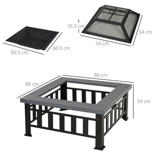 Outdoor Square Metal Fire Pit with Waterproof Cover - Black/Grey 1