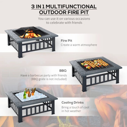 Outdoor Square Metal Fire Pit with Waterproof Cover - Black/Grey 2