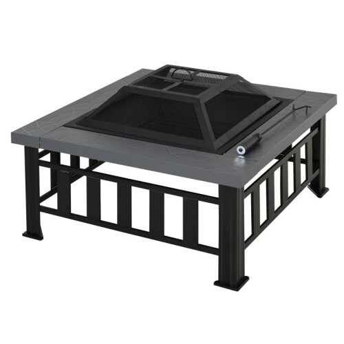 Outdoor Square Metal Fire Pit with Waterproof Cover - Black/Grey