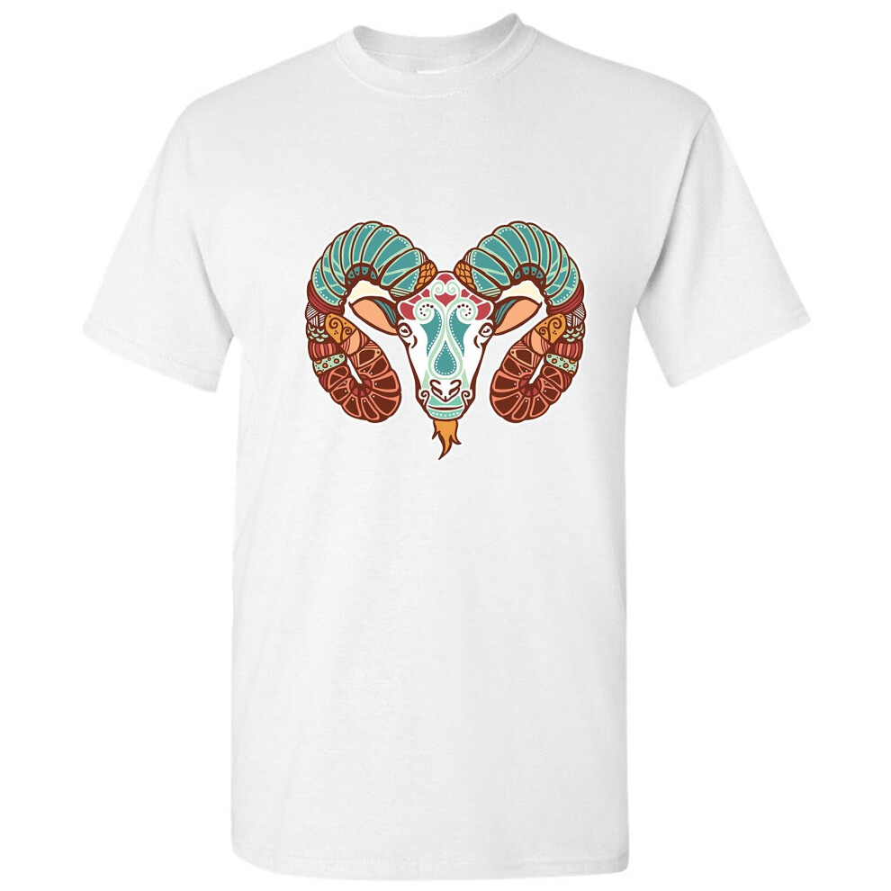 (S) Aries Goat Sheep Head Zodiac Horoscope Astrological Symbol White Men T Shirt Tee