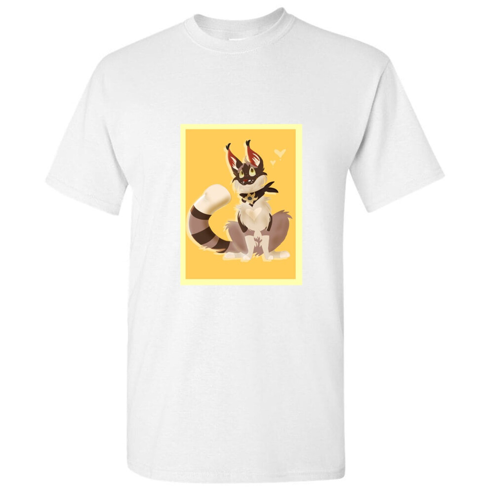 (L) Cartoon Dog Wolf Cat Drawing Yellow White Men T Shirt Tee Top