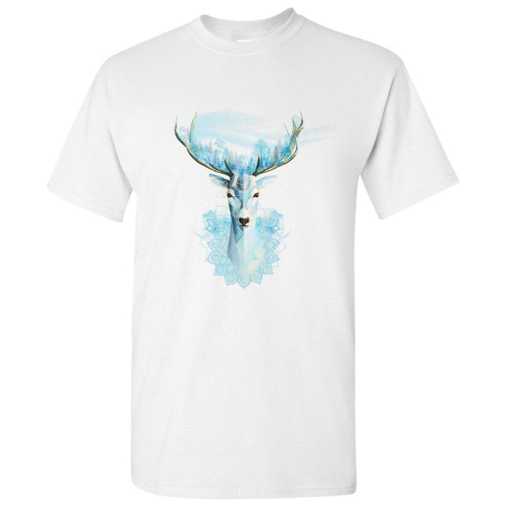 (5XL) Blue Snow Deer Reindeer Moose Forrest Art White Men T Shirt Tee Top