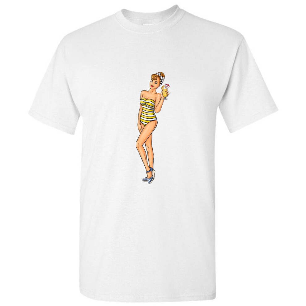 (2XL) Bikini Retro Style Girl Cartoon Pop Art White Men T Shirt Tee Top