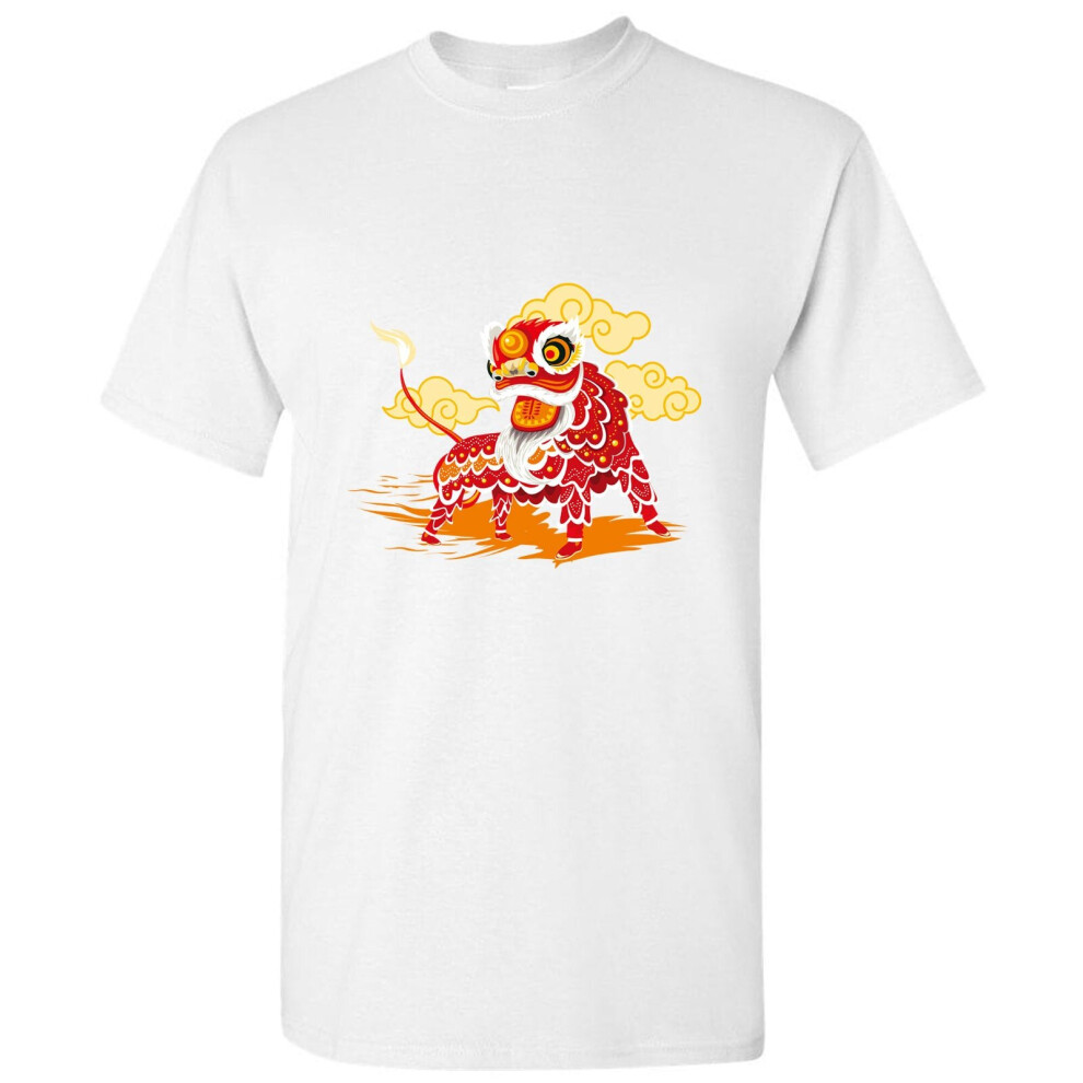 (2XL) Chinese New Year Traditional Cute Dragon Dance White Men T Shirt Tee Top