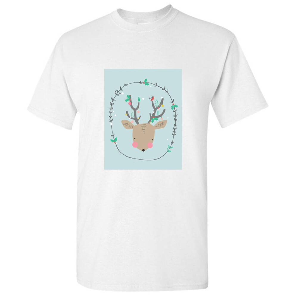 (XL) Christmas Reindeer Deer Illustration Cartoon Art Men White T Shirt Tee Top