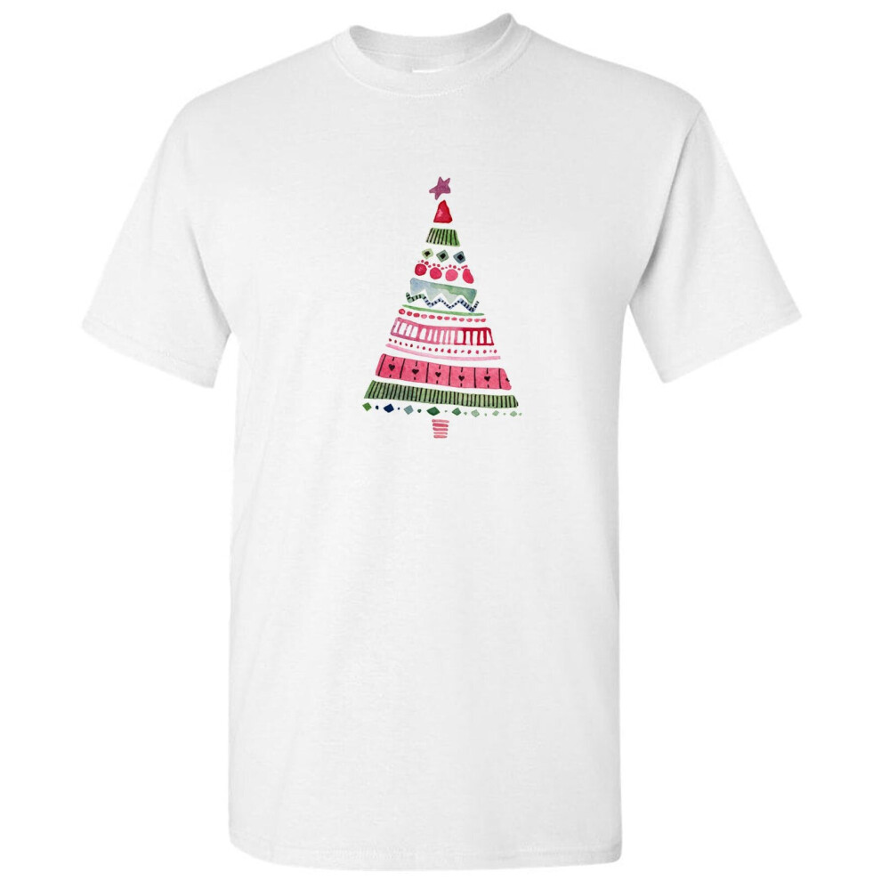 (2XL) Christmas Festival Tree Star Light Cartoon Art Men White T Shirt Tee Top