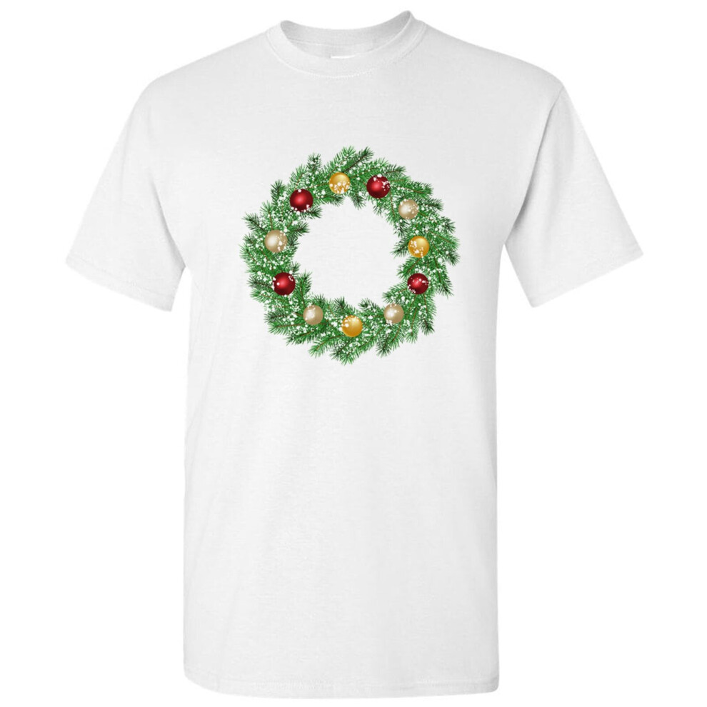 (XL) Christmas Wreath Ring Leaf Cartoon Art White Men T Shirt Tee Top