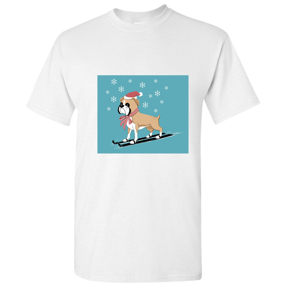 (2XL) Christmas Bulldog Skiing Santa Hat Cartoon Art White Men T Shirt Tee Top