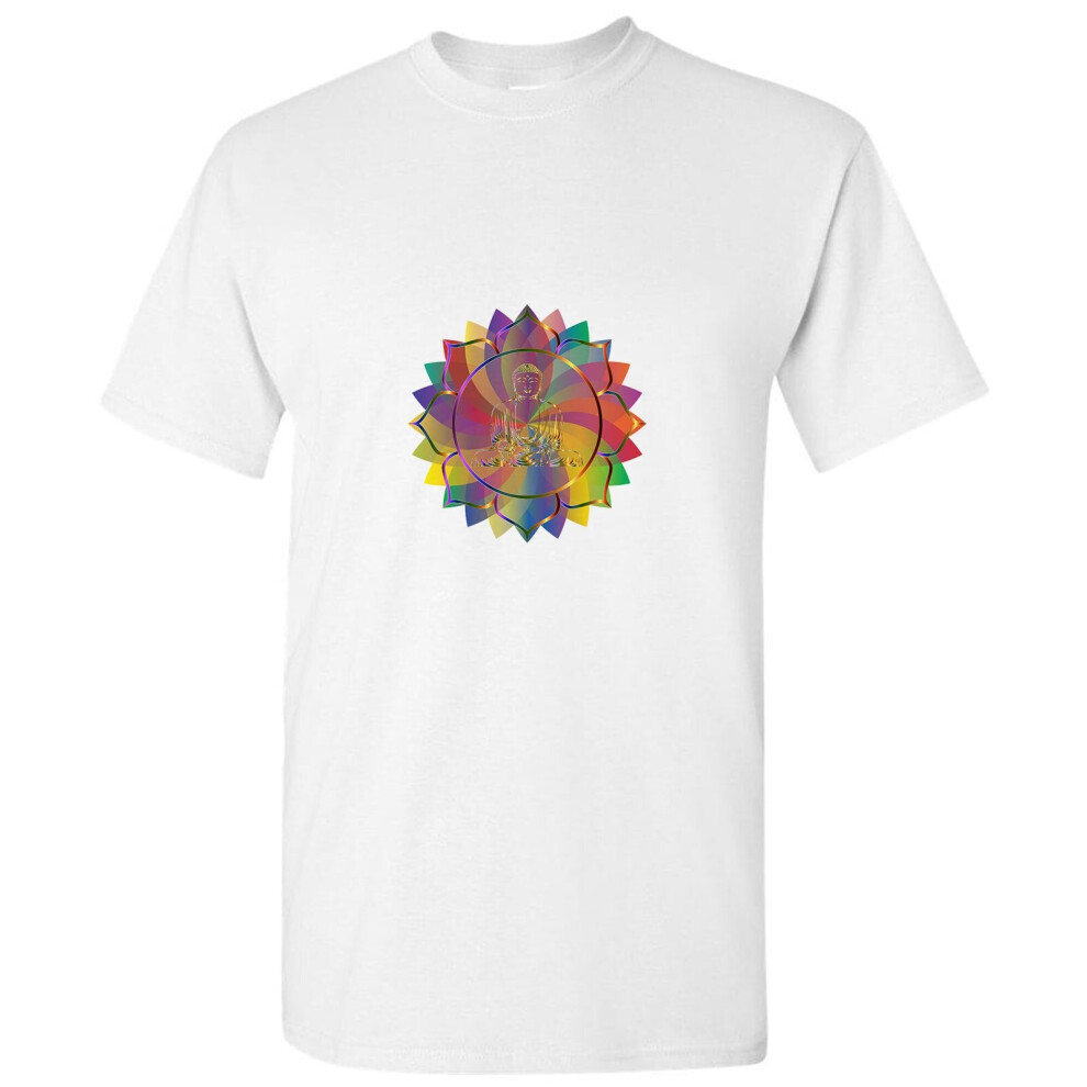 (L) Colourful Buddha Flower Buddhism Buddhist Religion Art White Men T Shirt Tee Top