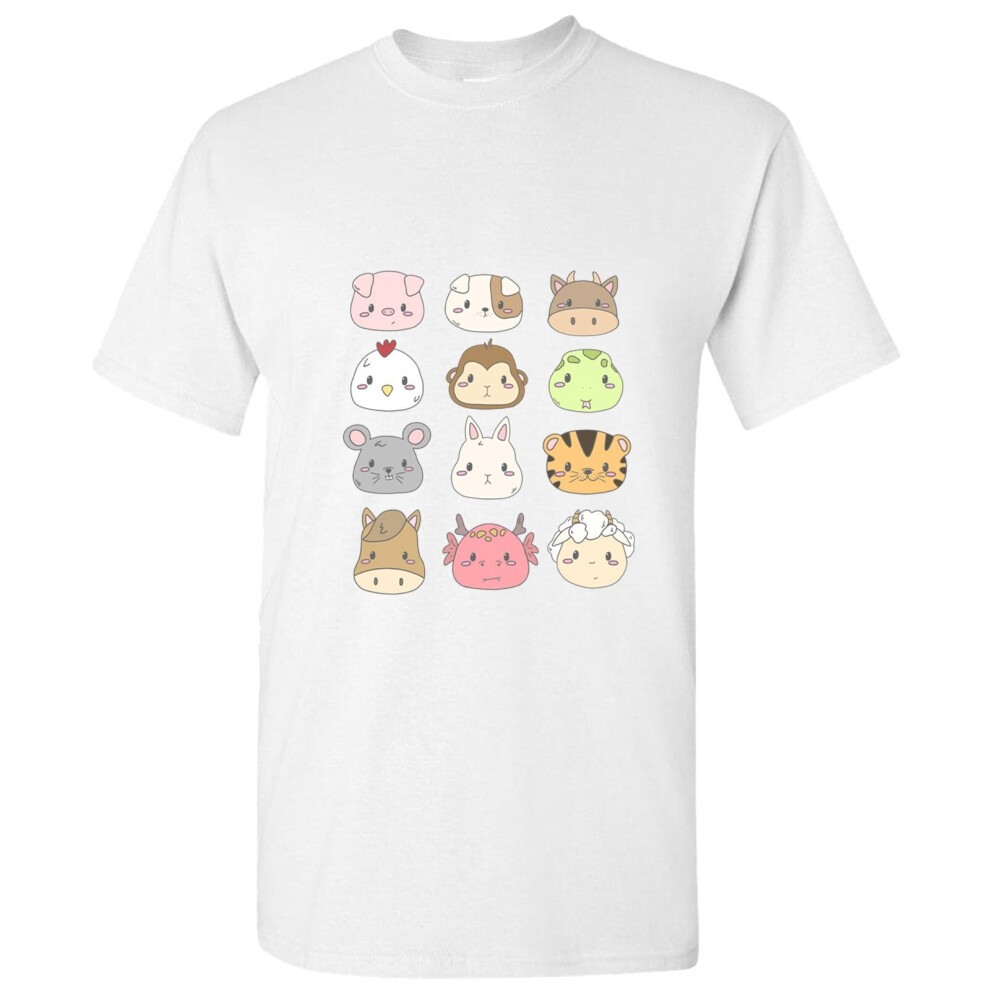 (XL) Chinese Zodiac Horoscope 12 Animal Sign Cute Cartoon Art White Men T Shirt Tee