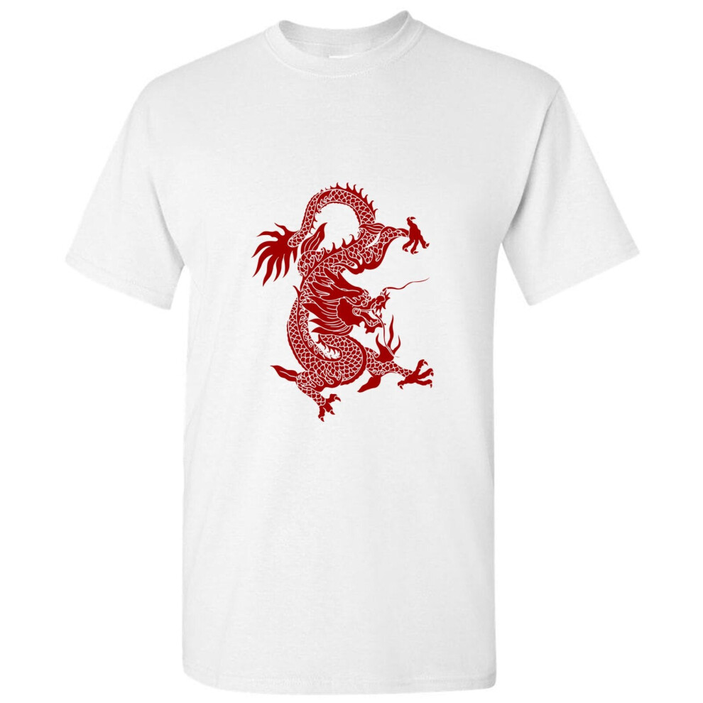 (2XL) Aesthetic Red Chinese Fortune Dragon Firedrake White Men T Shirt Tee Top