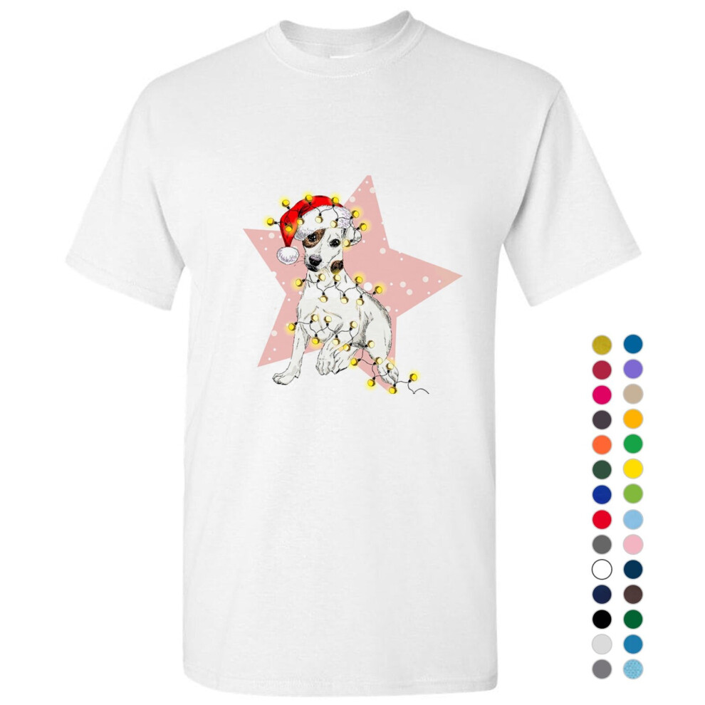 (M) Dog Star Christmas Light Santa Hat Cartoon Art Men White T Shirt Tee Top